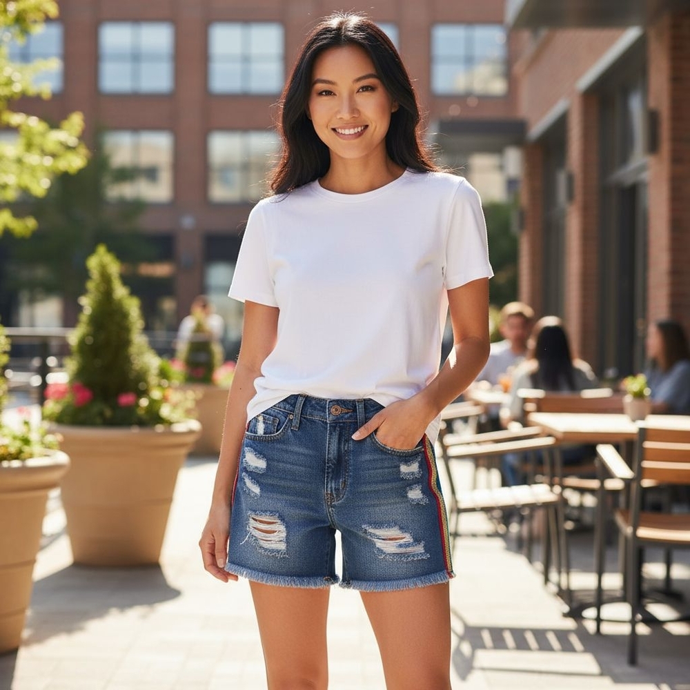 Tinseltown Blue Distressed Jean Shorts with Glitter Stripes